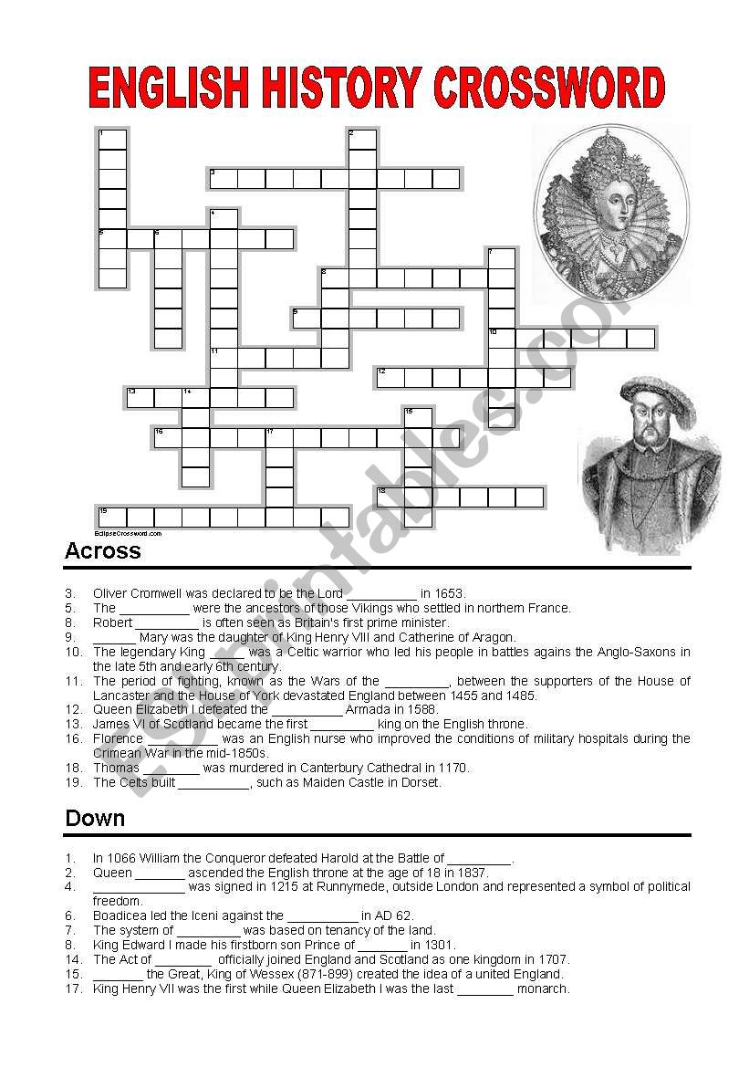 English history - Crossword worksheet