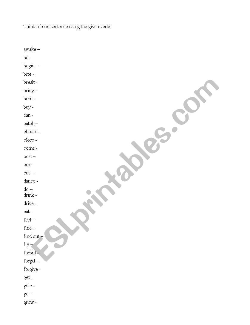 common vebrs worksheet