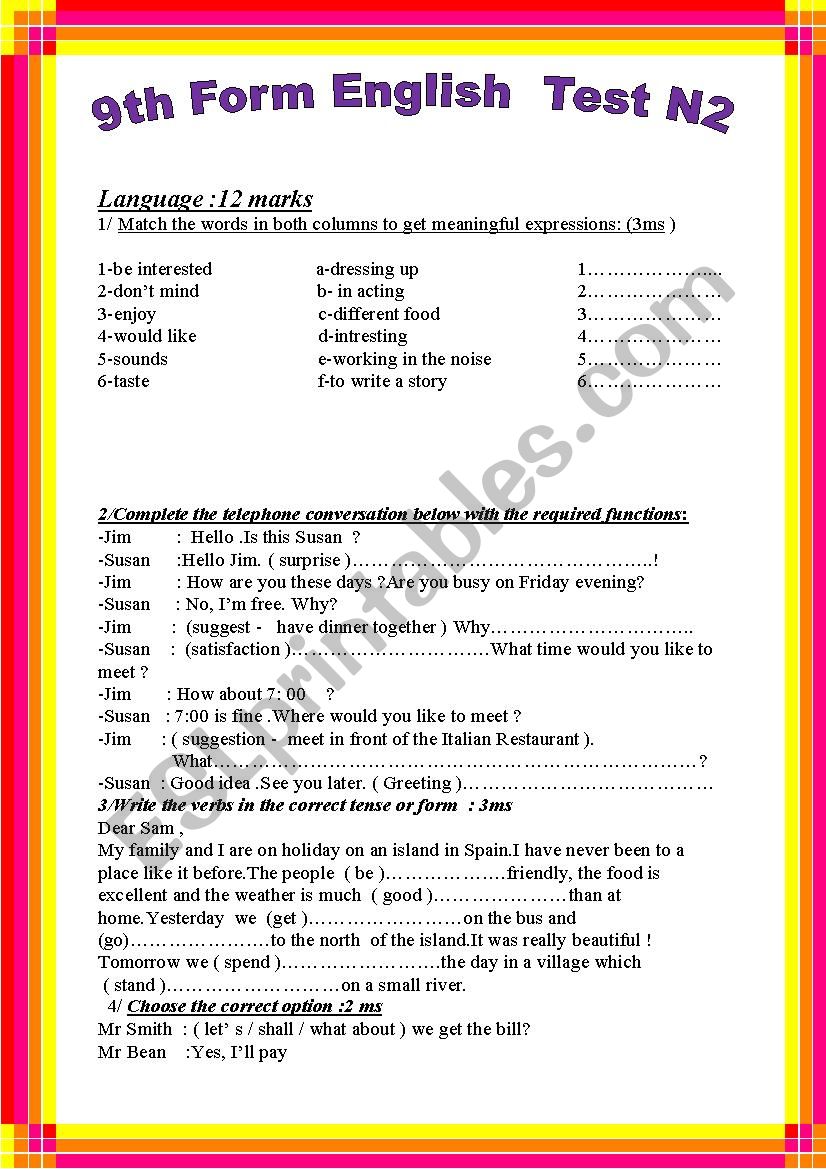 9th form mid term test 2 worksheet
