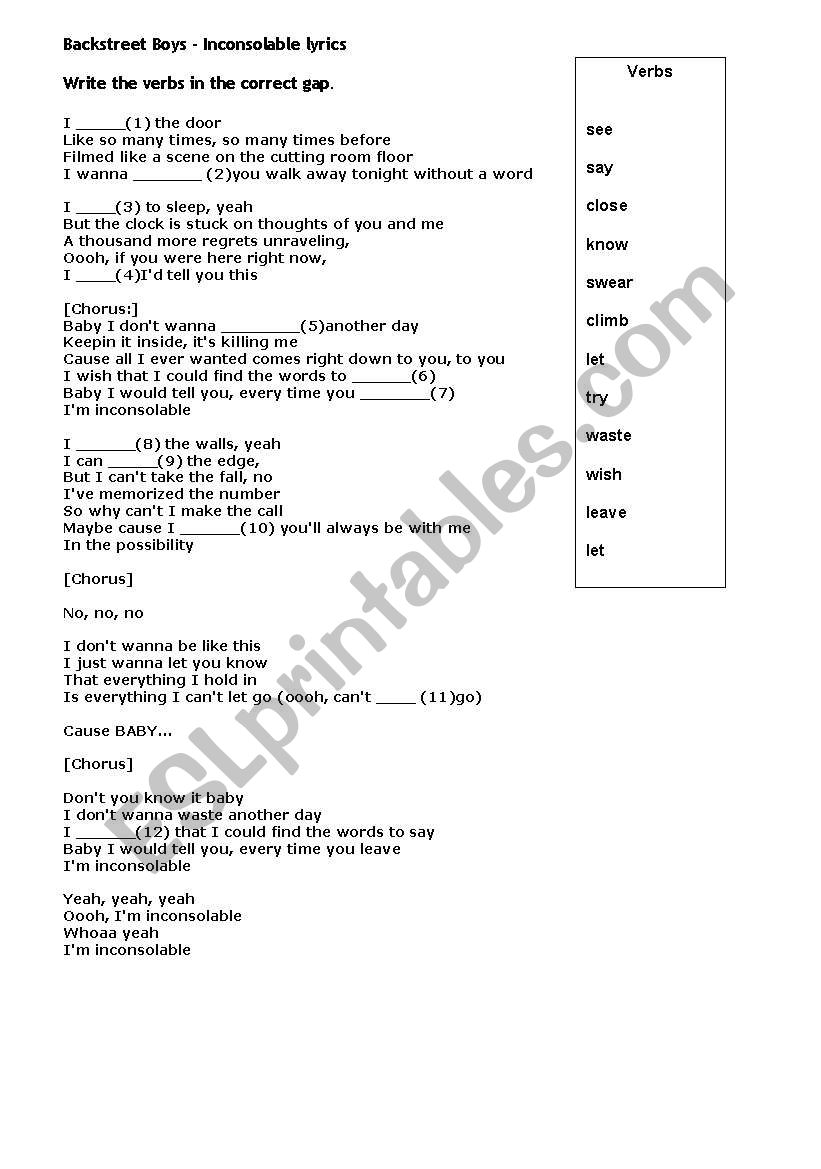 English worksheets: Verbs - Backstreet Boys Inconsolable song