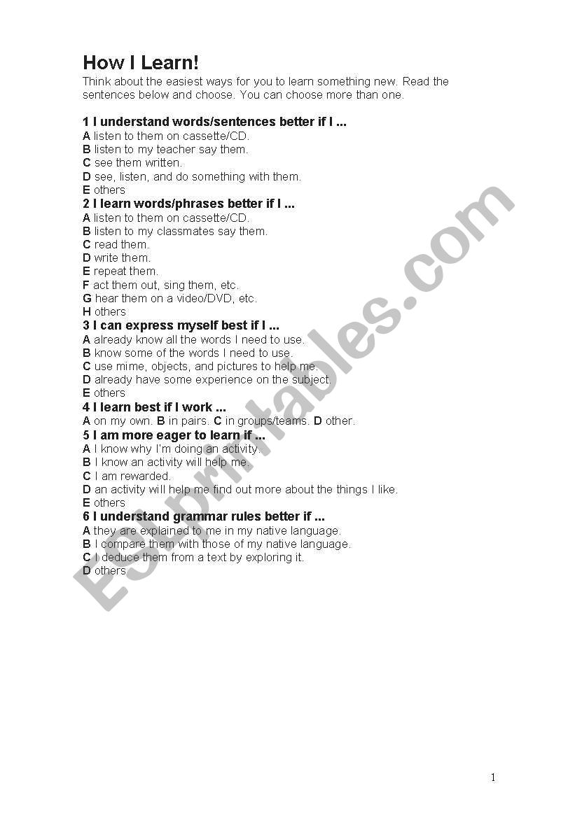 How I learn! worksheet