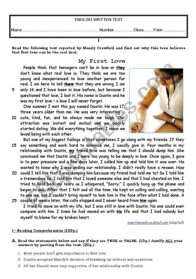Teste about first love worksheet