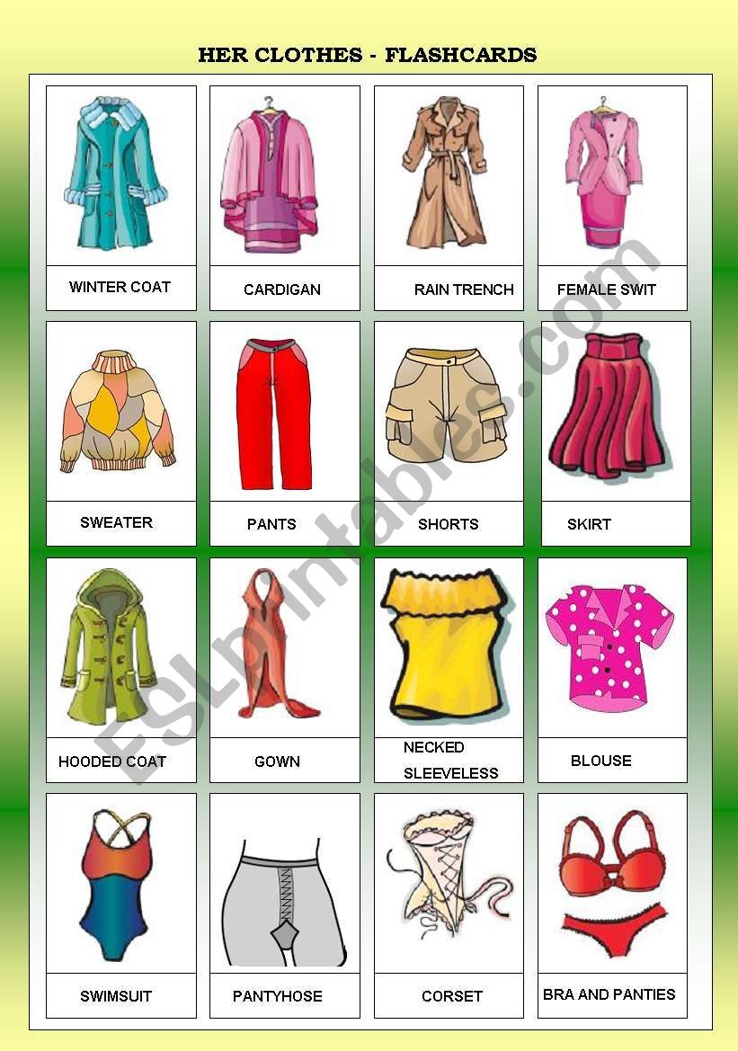 HER CLOTHES - FLASHCARDS - FOR BEGINNERS - B&W - ESL worksheet by Ell@
