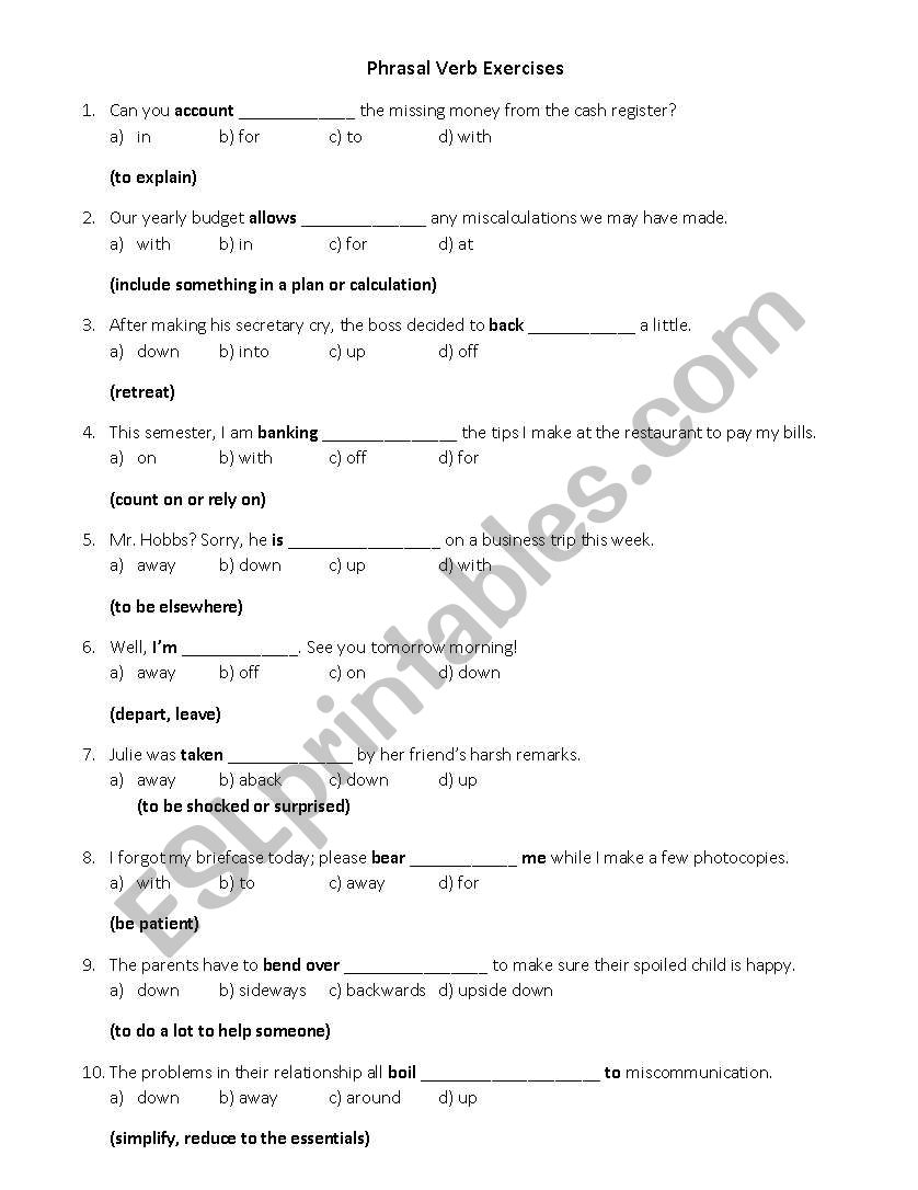 Phrasal Verb Exercises worksheet