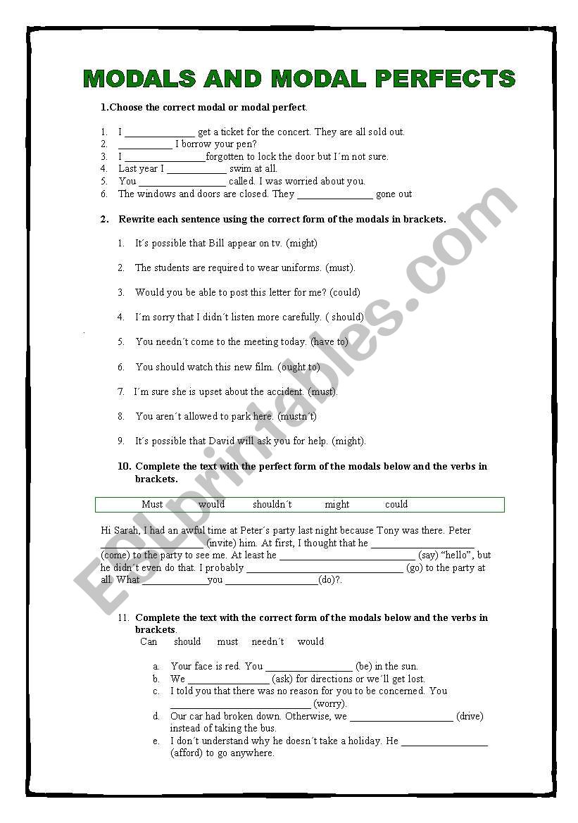 Modals and Modal Perfects worksheet