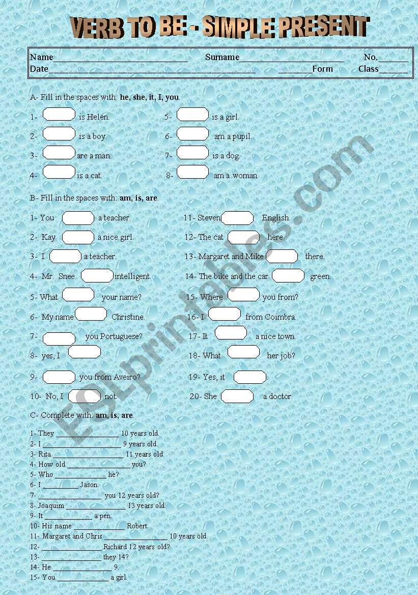 To Be and personal pronouns worksheet