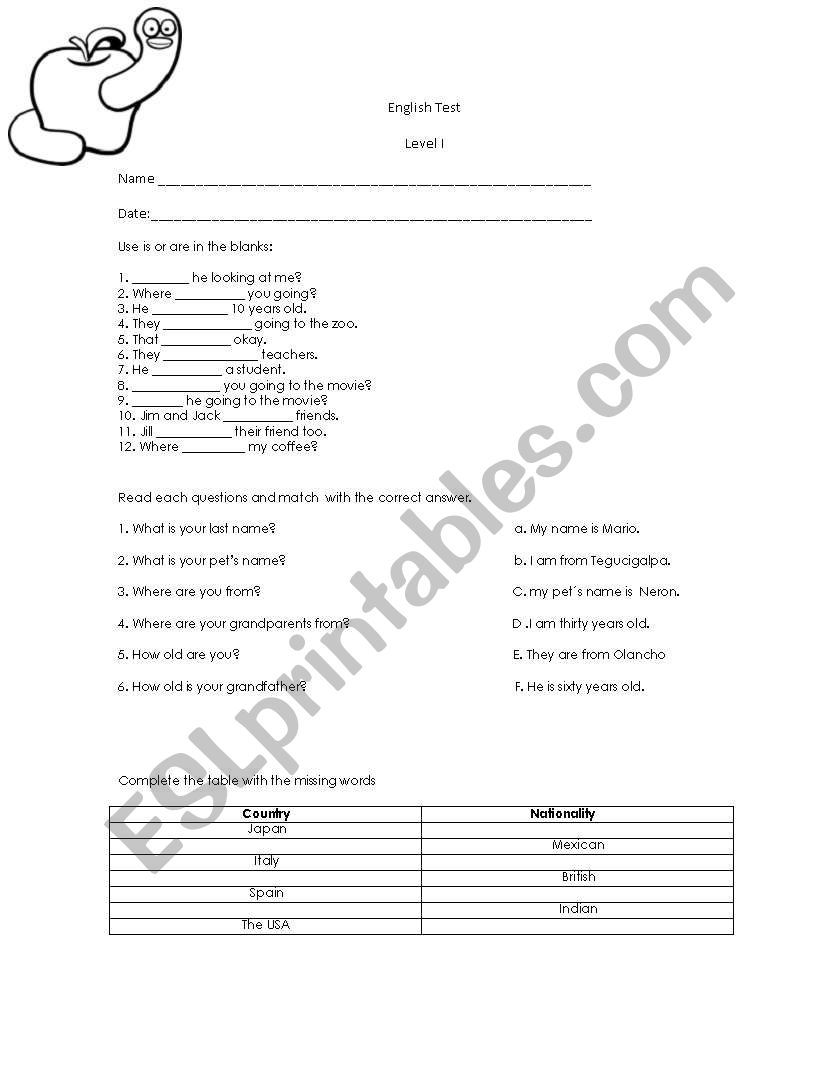 English test worksheet