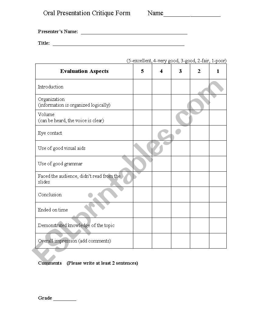 Presentation Critique Form worksheet