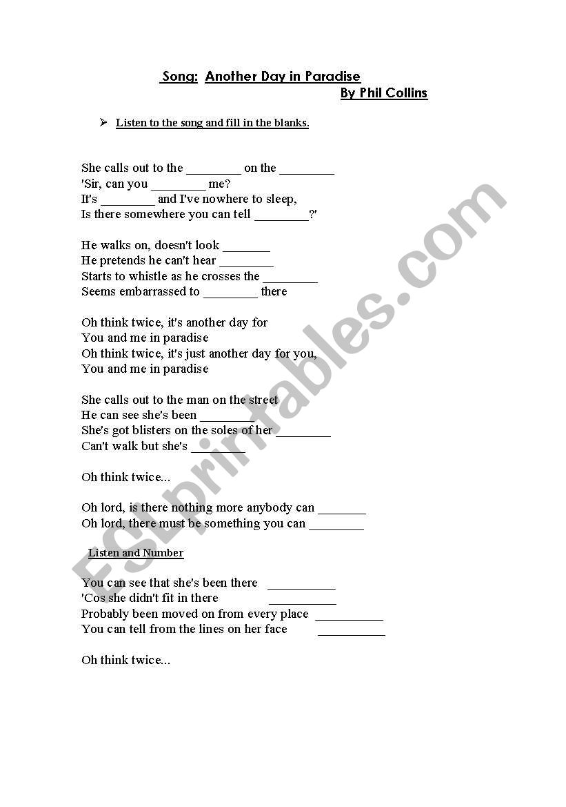 Song: Another Day in Paradise - ESL worksheet by mundico