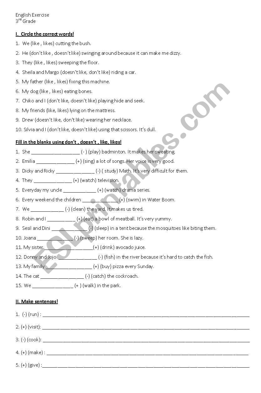 like and likes worksheet