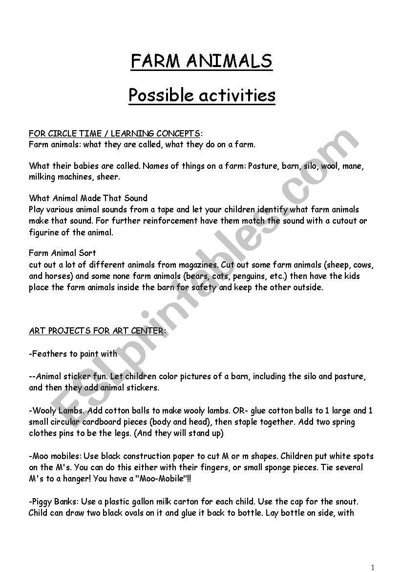 Farm animlas activities worksheet