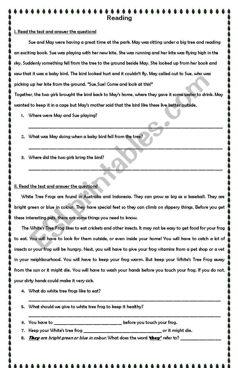 reading worksheet