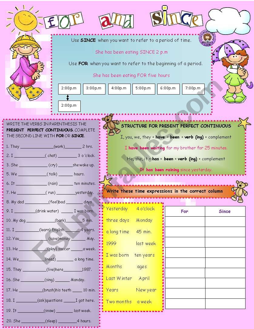 Present Perfect continuous using FOR or SINCE