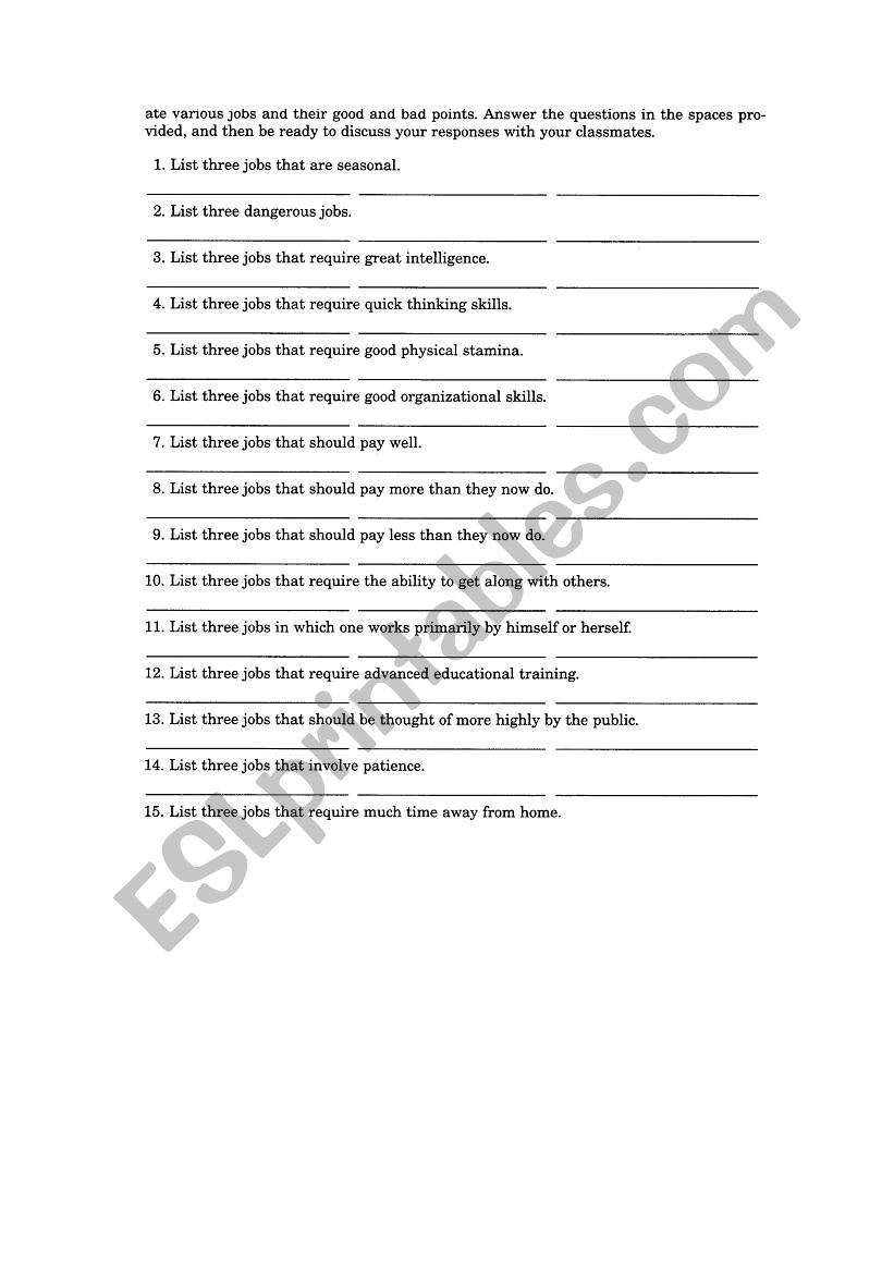 jobs worksheet