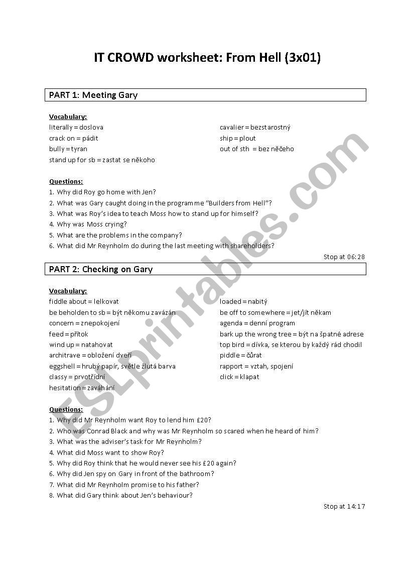 IT CROWD 3x01 - From Hell worksheet