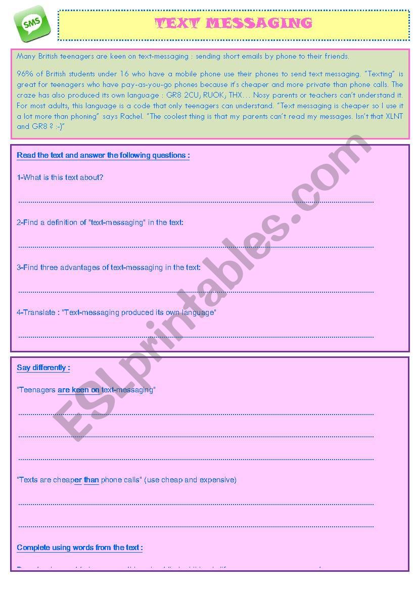 Text messaging (Reading) worksheet