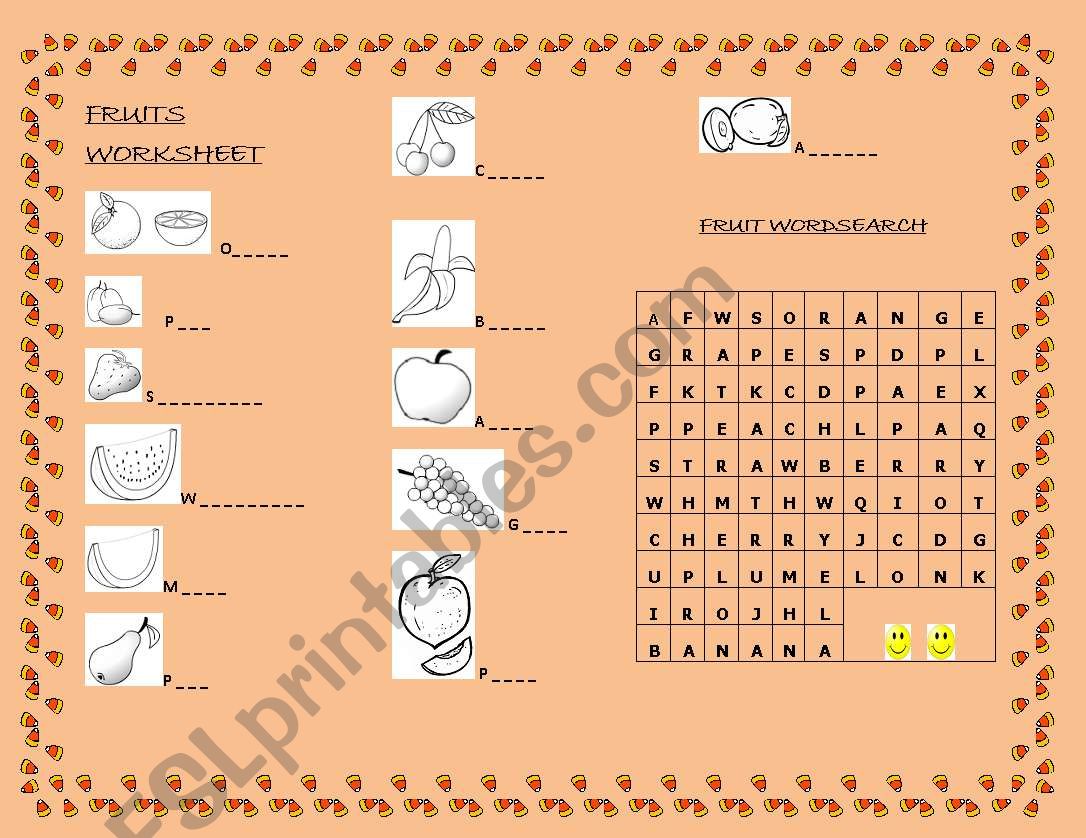 Fruits Worksheet with Wordsearch