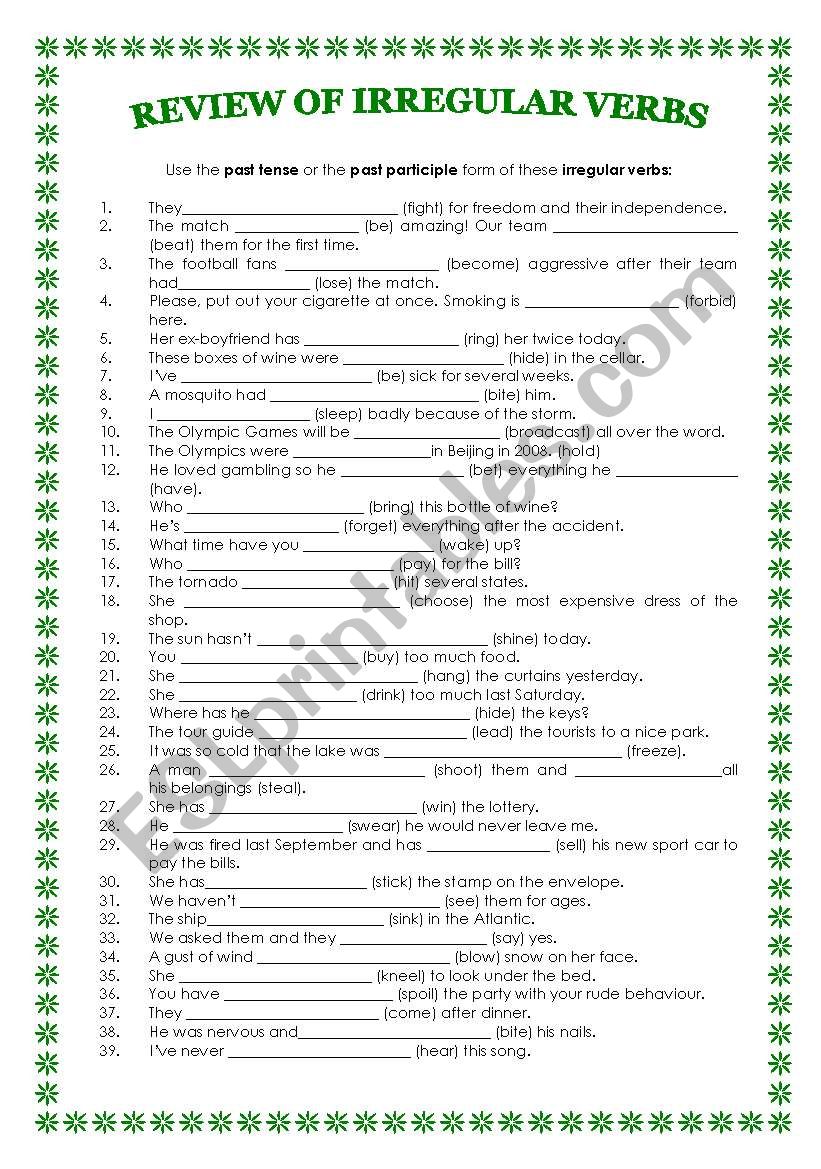 Review of irregular verbs worksheet