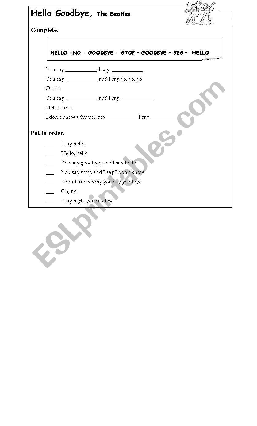 Hello goodbye song worksheet