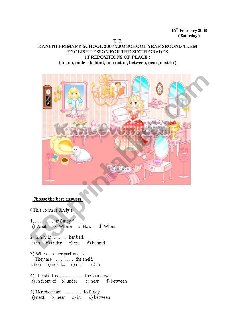 Prepositions of place worksheet