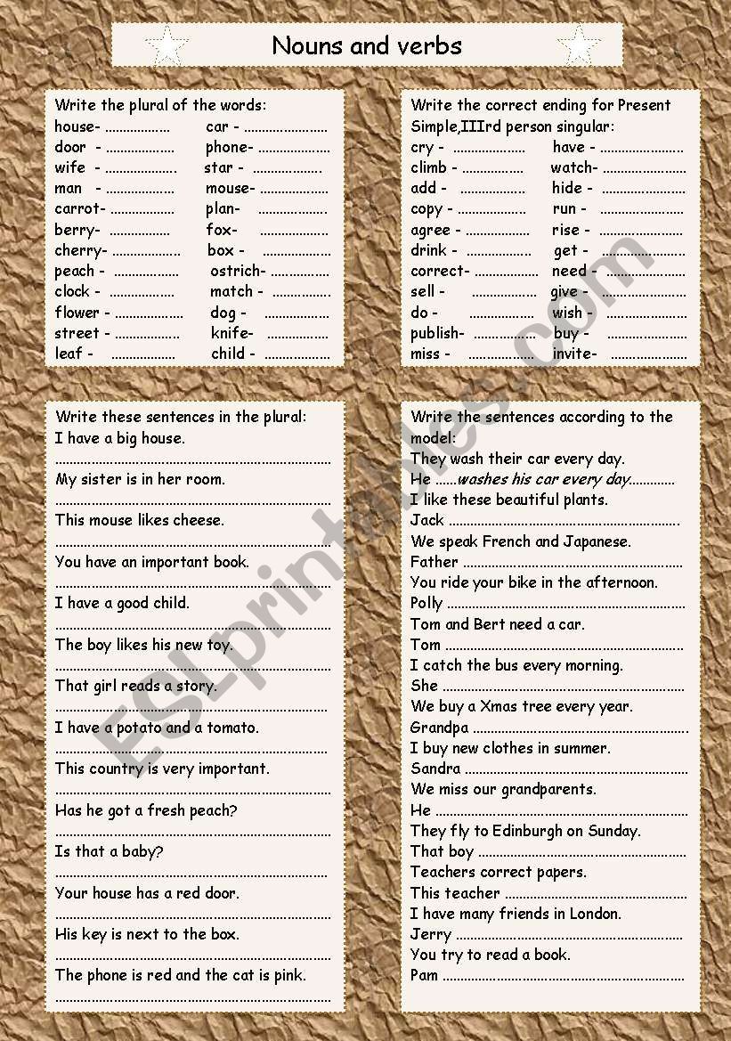 Nouns And Verbs Esl Worksheets