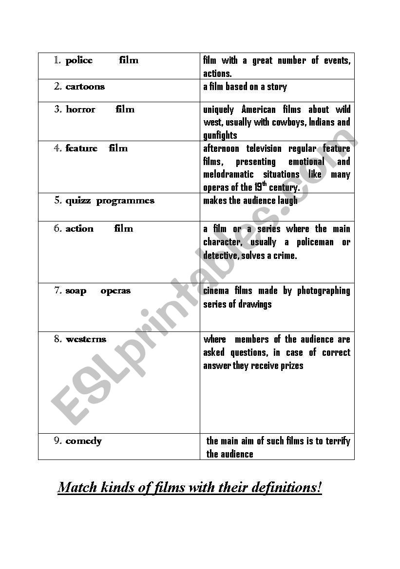 kinds of films wordmatch worksheet