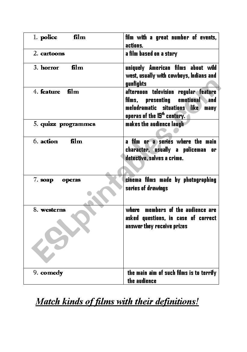 kinds of films wordmatch worksheet