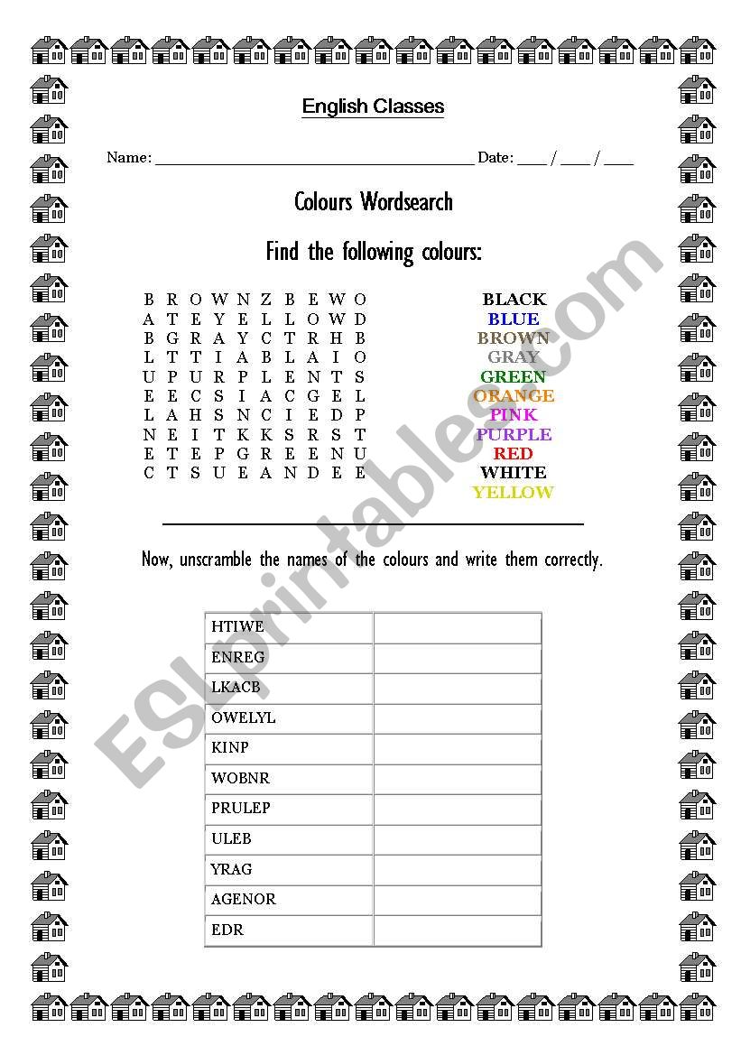 Colours wordsearch worksheet