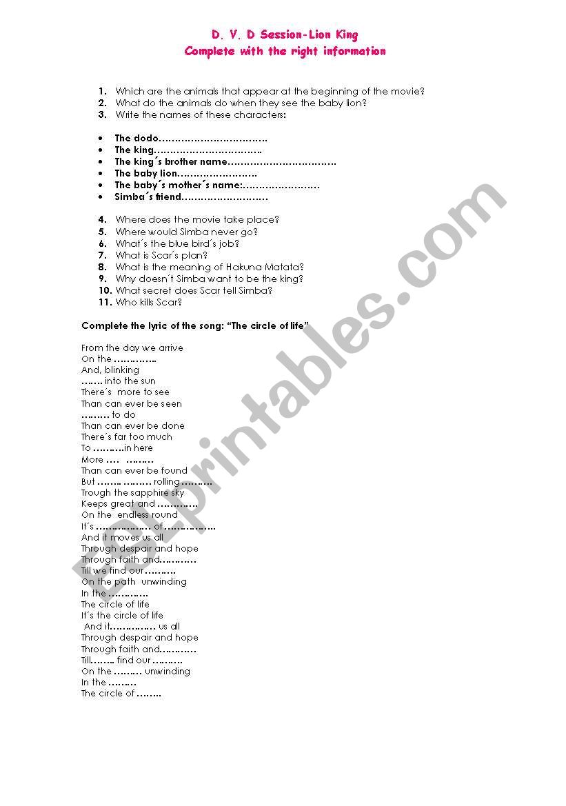 The Lion King DVD Session worksheet