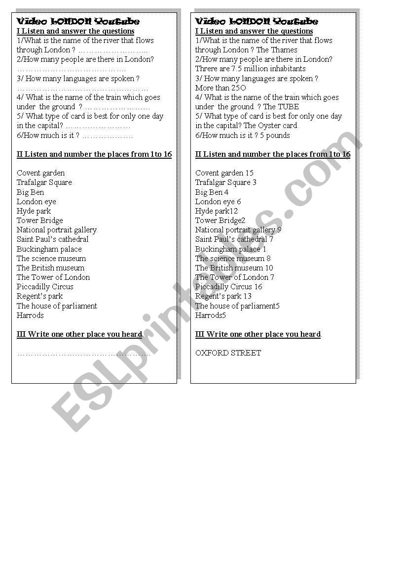 video youtube london worksheet