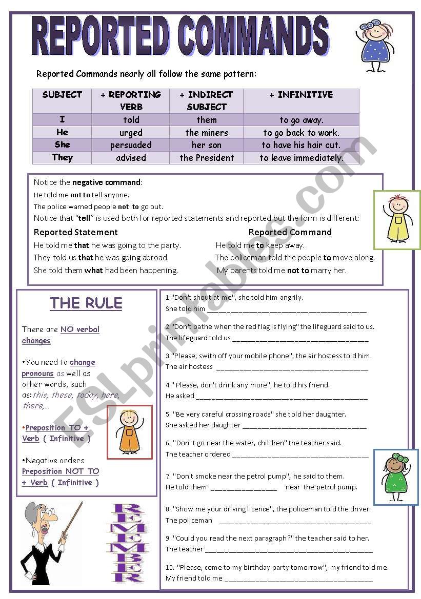 REPORTED COMMANDS worksheet