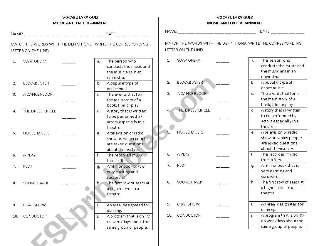 MUSIC & ENTERTAINMENT QUIZ worksheet