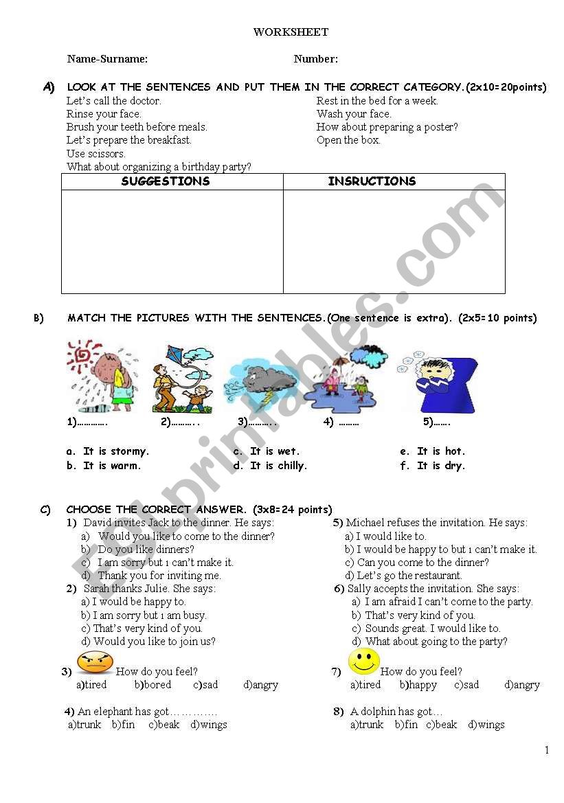 Written Exam for 6th Classes worksheet