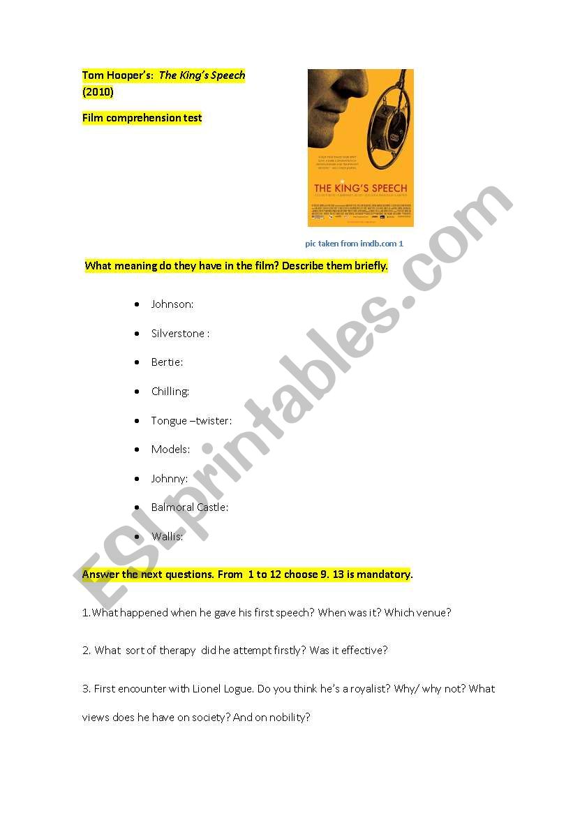 The KingÂ´s Speech (2010). Film Comprehension