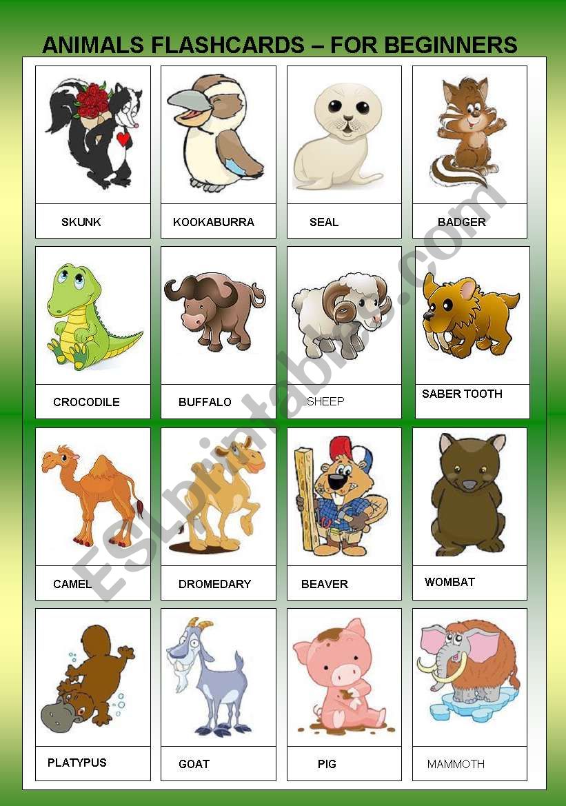 ANIMALS FLASHCARDS II - FOR BEGINNERS - TWO PAGES