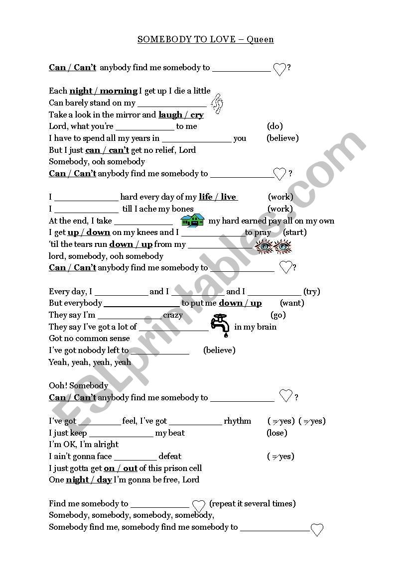 Somebody to love worksheet