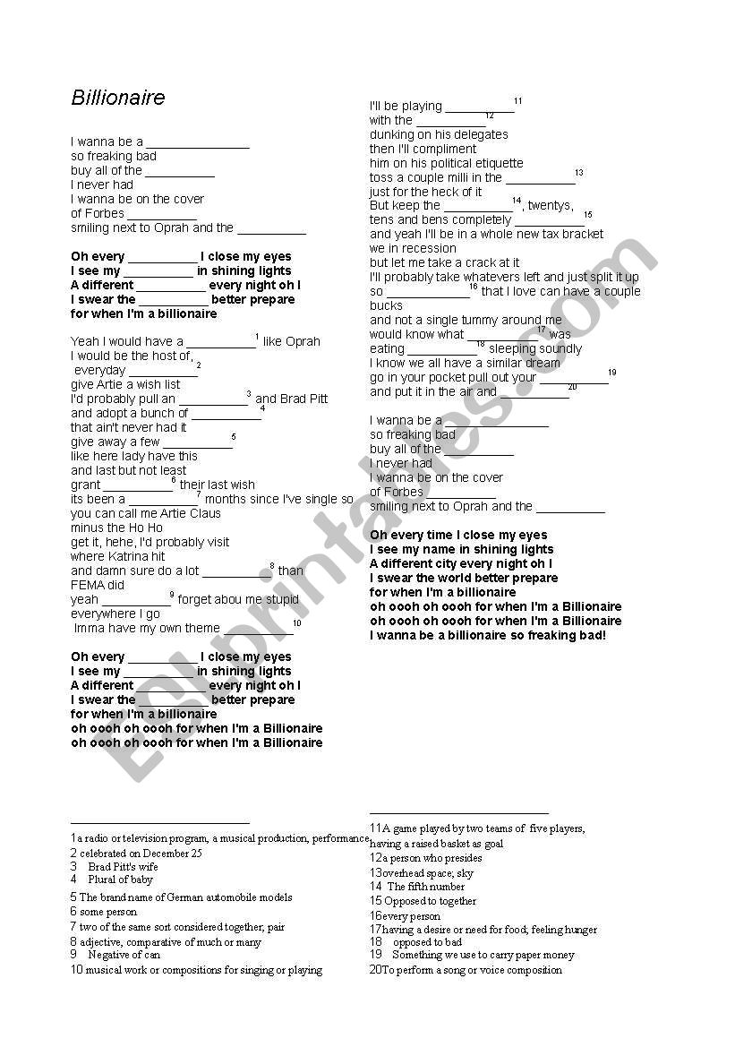 Billionaire Song worksheet