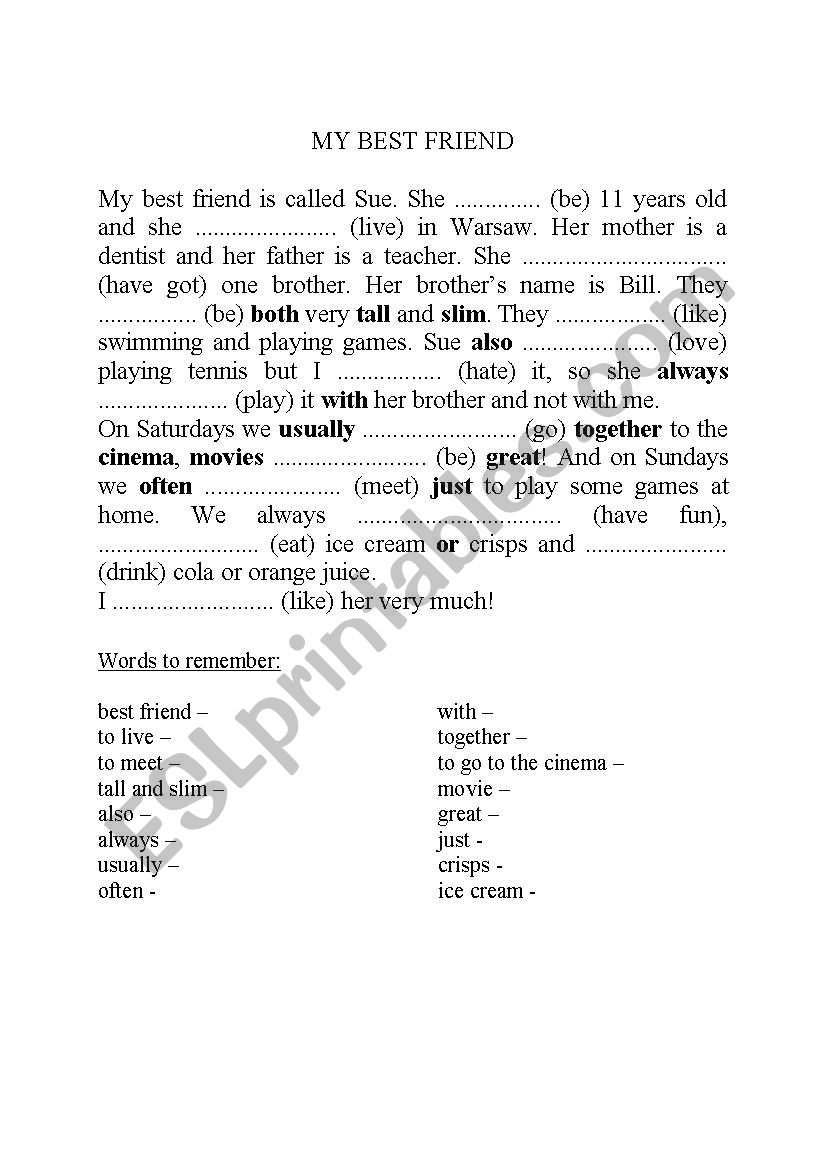 My best friend - short story worksheet