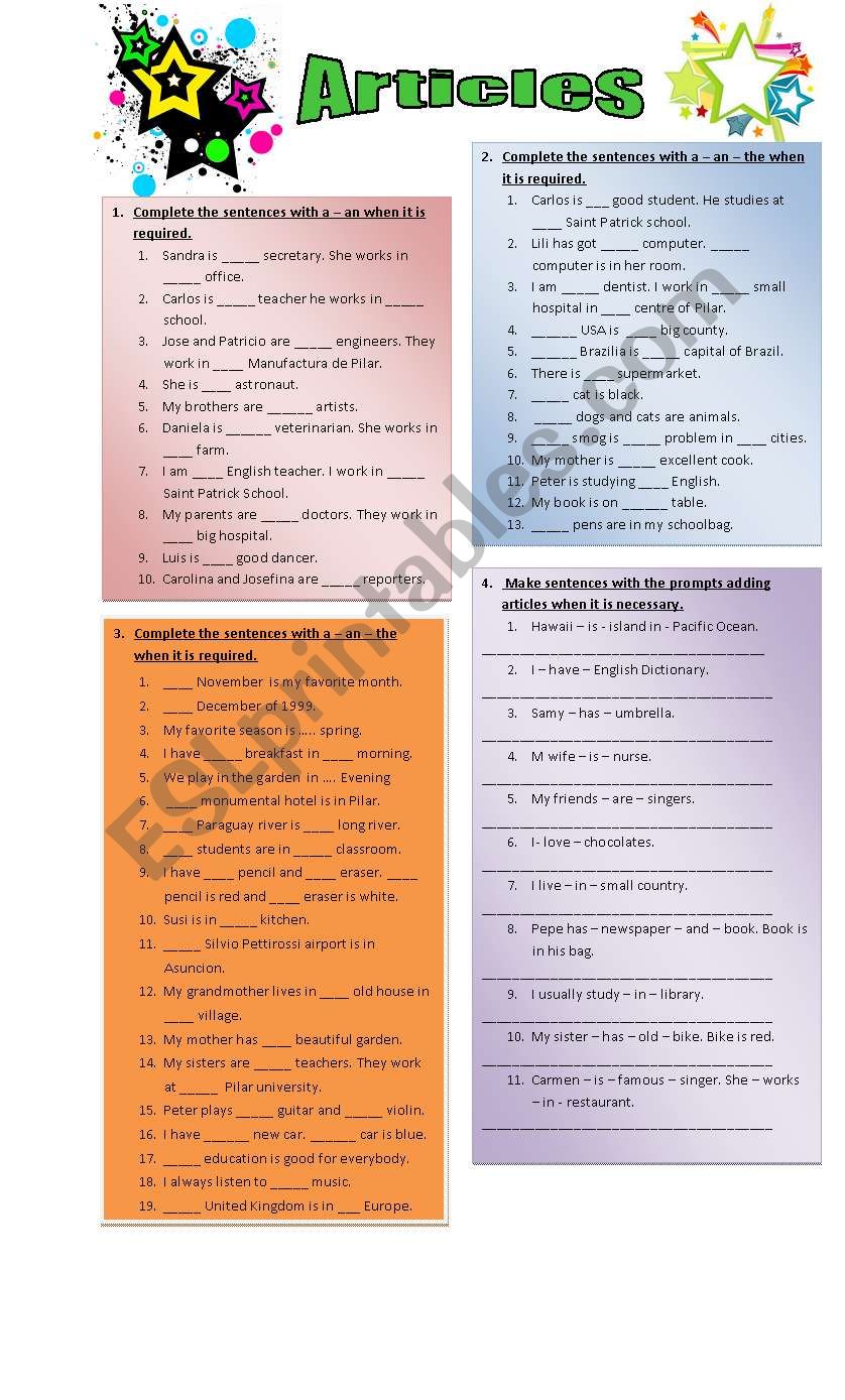 Articles worksheet