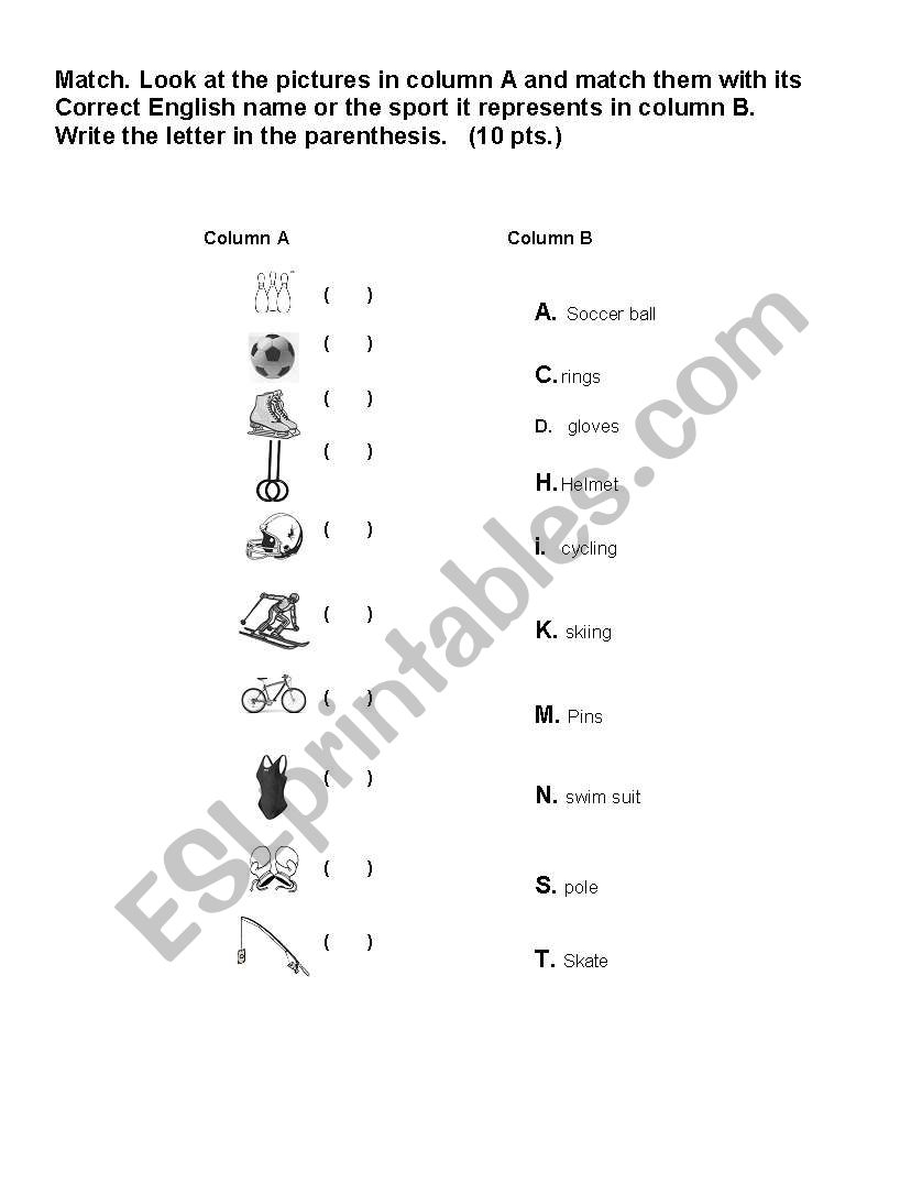 Match. Sports and equipments worksheet