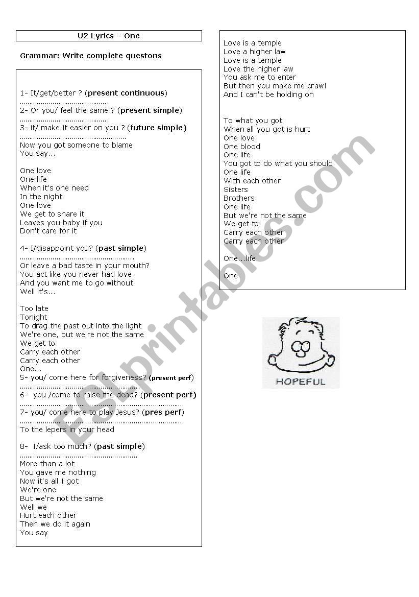 Song One by U2 worksheet