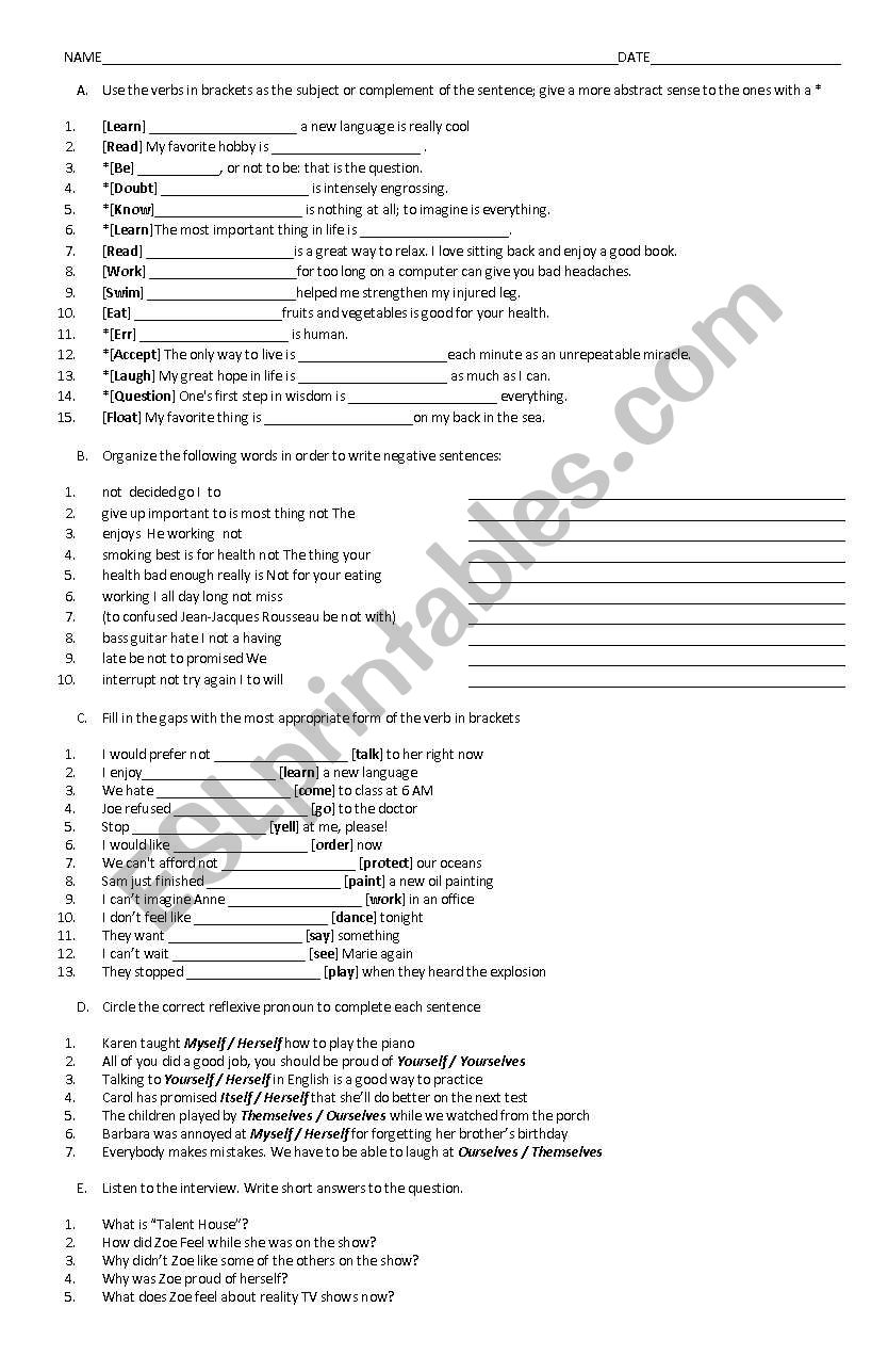 Infinitives and Gerunds quiz worksheet