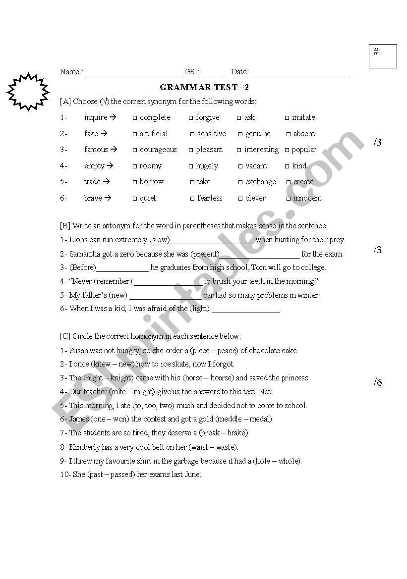 Grammar Quiz (synonyms, homonyms, antonyms, suffixes, prefixes)