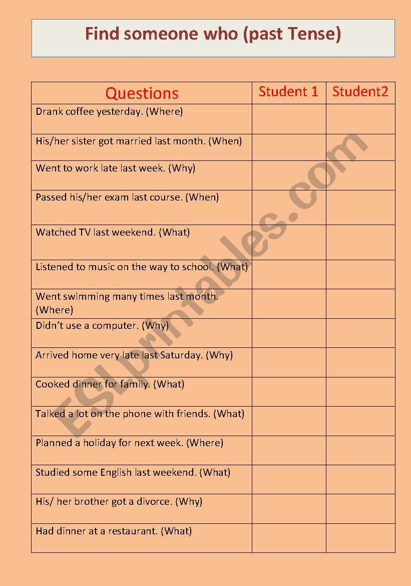 Find Some one who(past Tense) worksheet