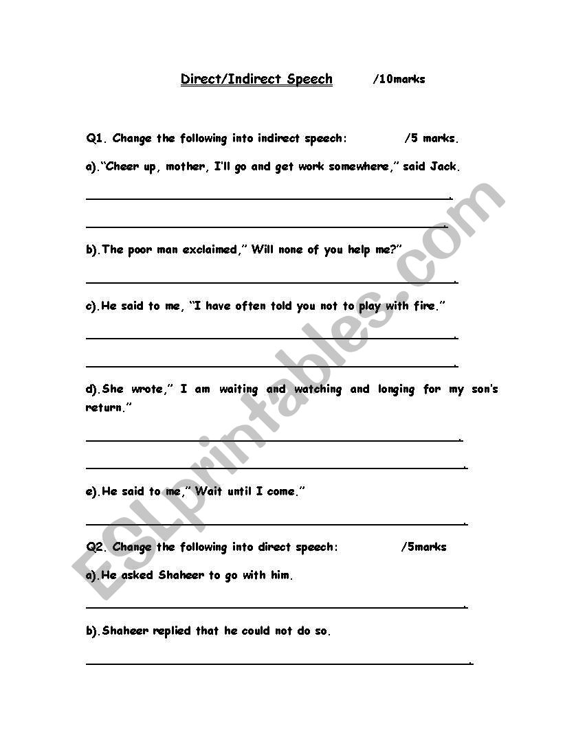 Direct/Indirect Worksheet worksheet