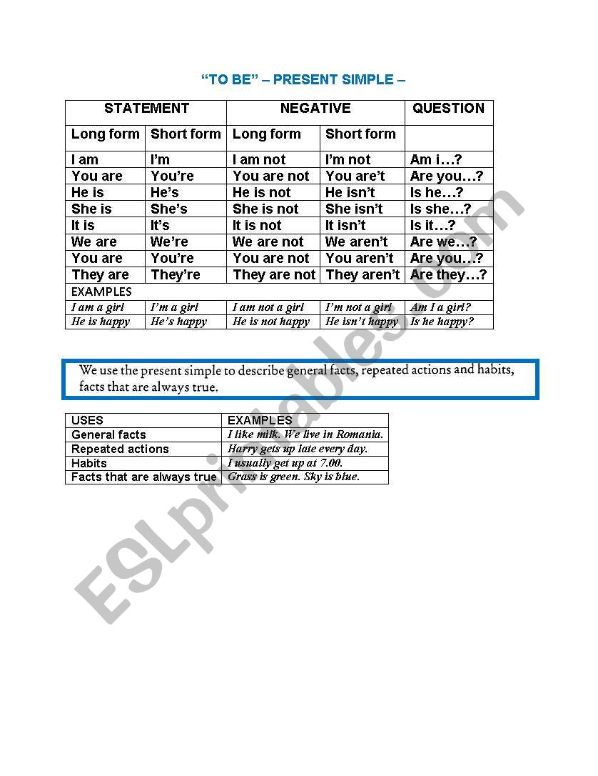 TO BE -PRESENT SIMPLE worksheet