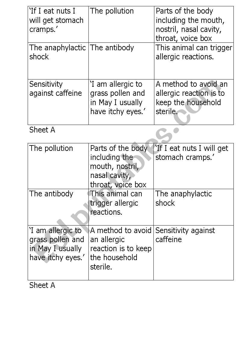 Vocabulary bingo - allergies English-English intermediate
