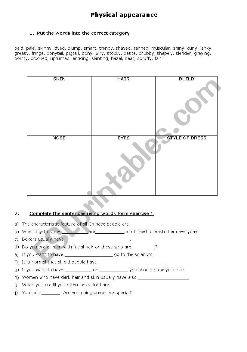 Physical appearance worksheet