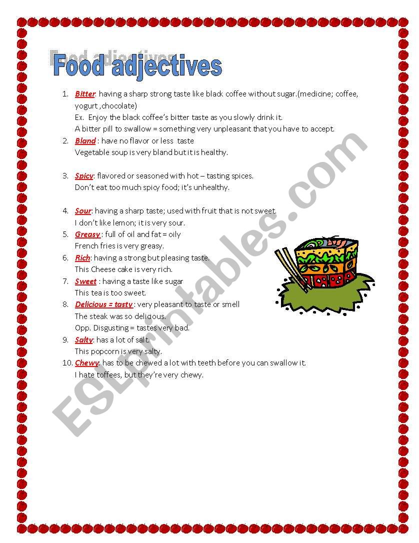 food adjectives worksheet