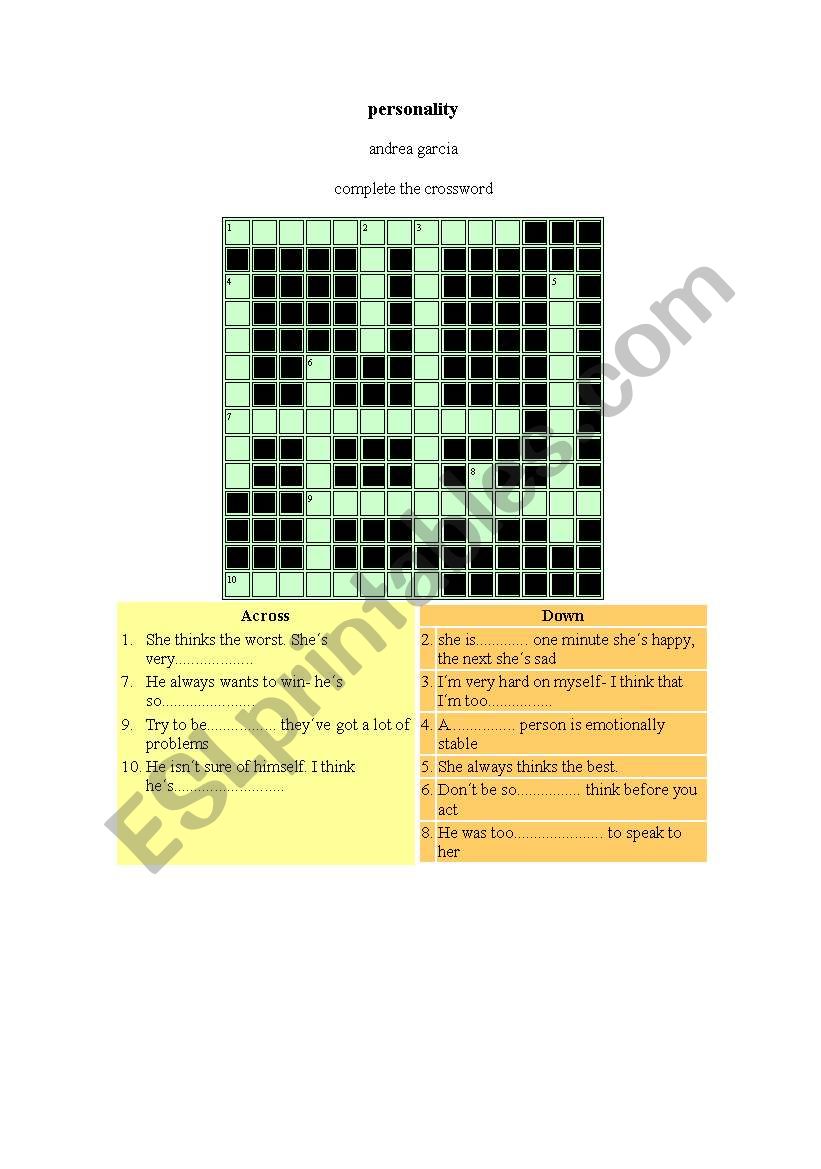 personality crossword worksheet